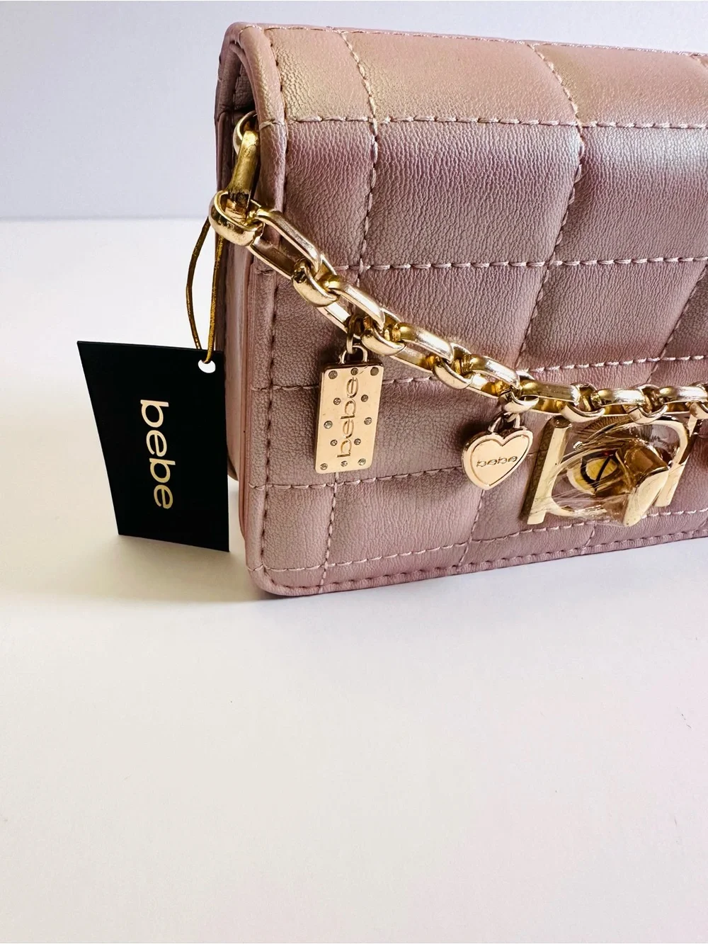 NWT BEBE Jacari Iridescent Mauve Quilted Charm Crossbody Bag ✨